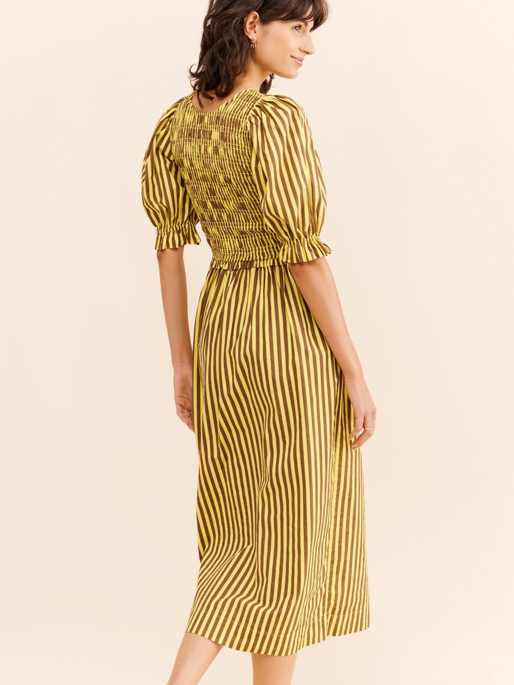 Damson Madder Bluebelle Reversible Smocked Stripe Midi Dress Yellow Brown - Picture 2 of 5